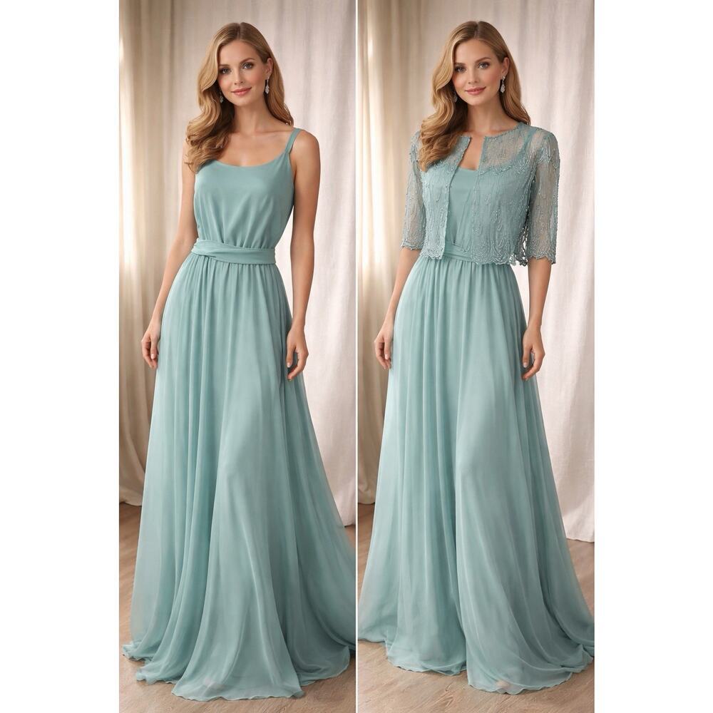 Jack Bryan Seafoam Chiffon Maxi Dress w/ Beaded Sheer Jacket – Size 10